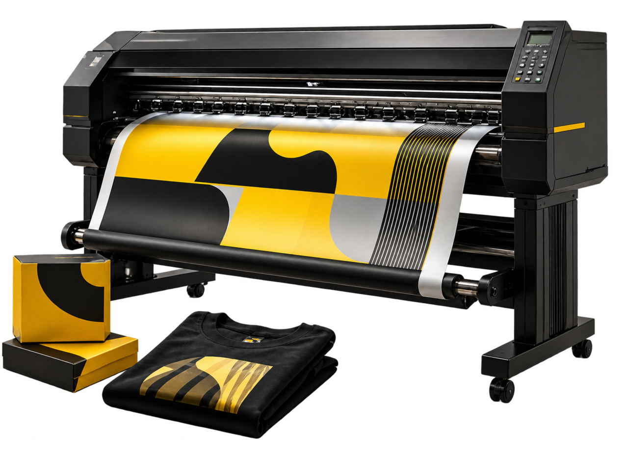 Mesin large-format printing mencetak material grafis kuning dan hitam