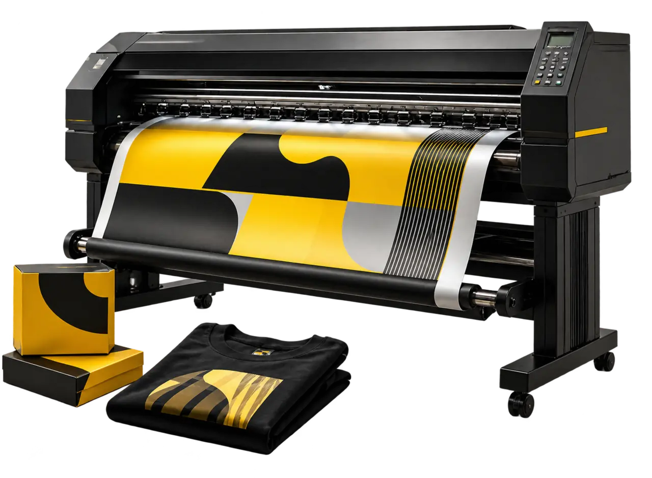 Mesin large-format printing mencetak material grafis kuning dan hitam
